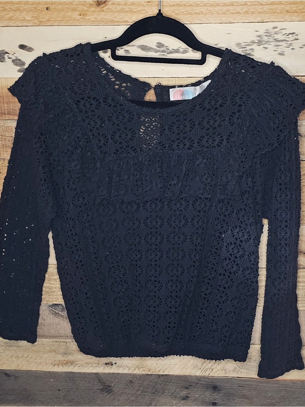 Free People FP Beach Black Crochet Lace Long Sleeve Top